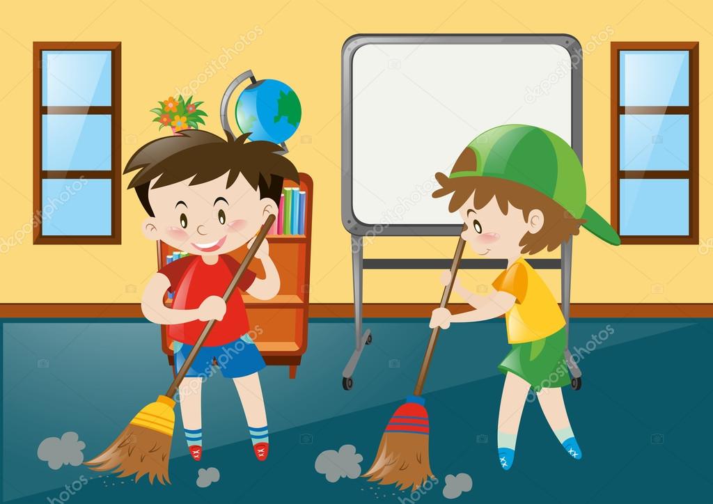 Dos chicos barriendo el piso de la clase Imagen Vectorial de © brgfx #127184522 | Depositphotos