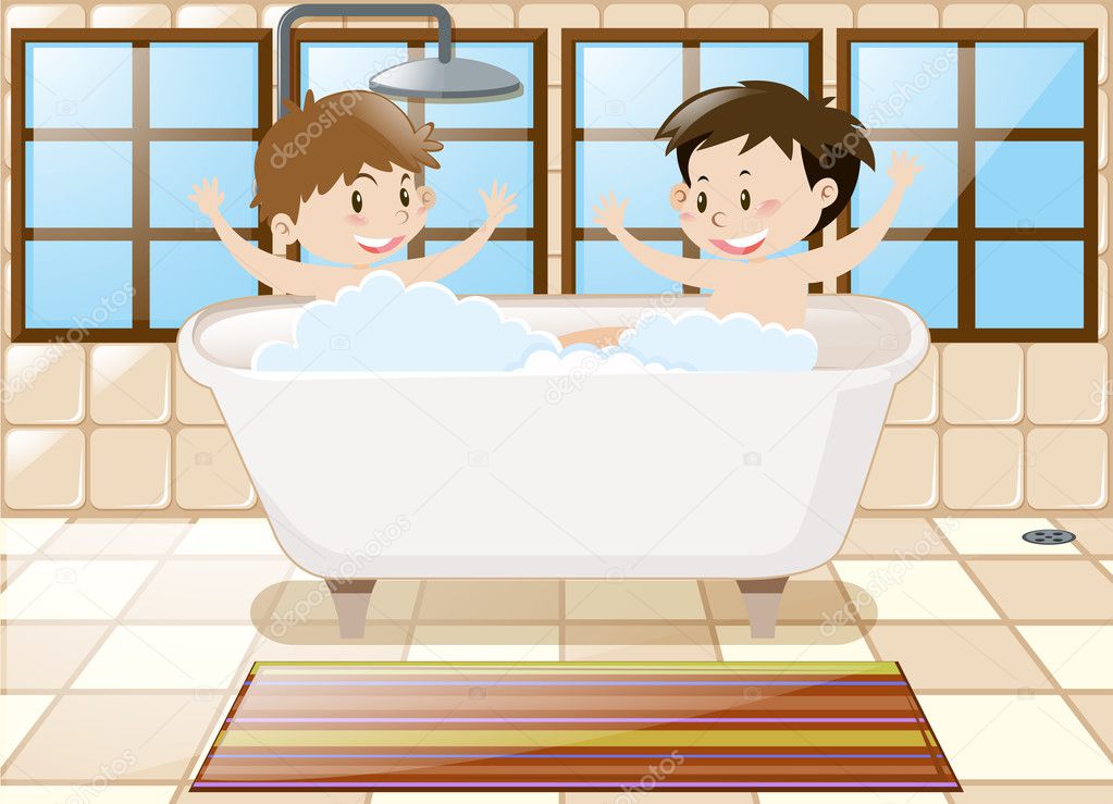 Two boys taking bath together in tub