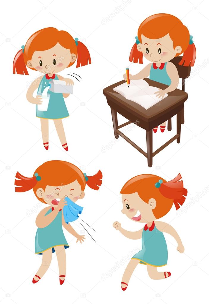 Girl in blue dress doing different actions