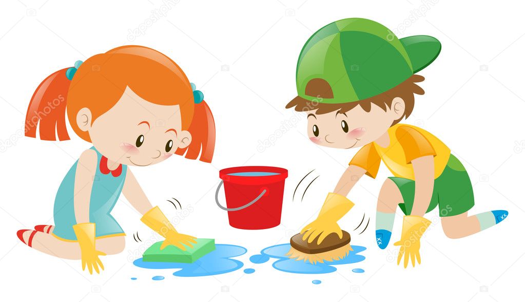 Boy and girl cleaning the floor Stock Illustration by ©brgfx #127187508
