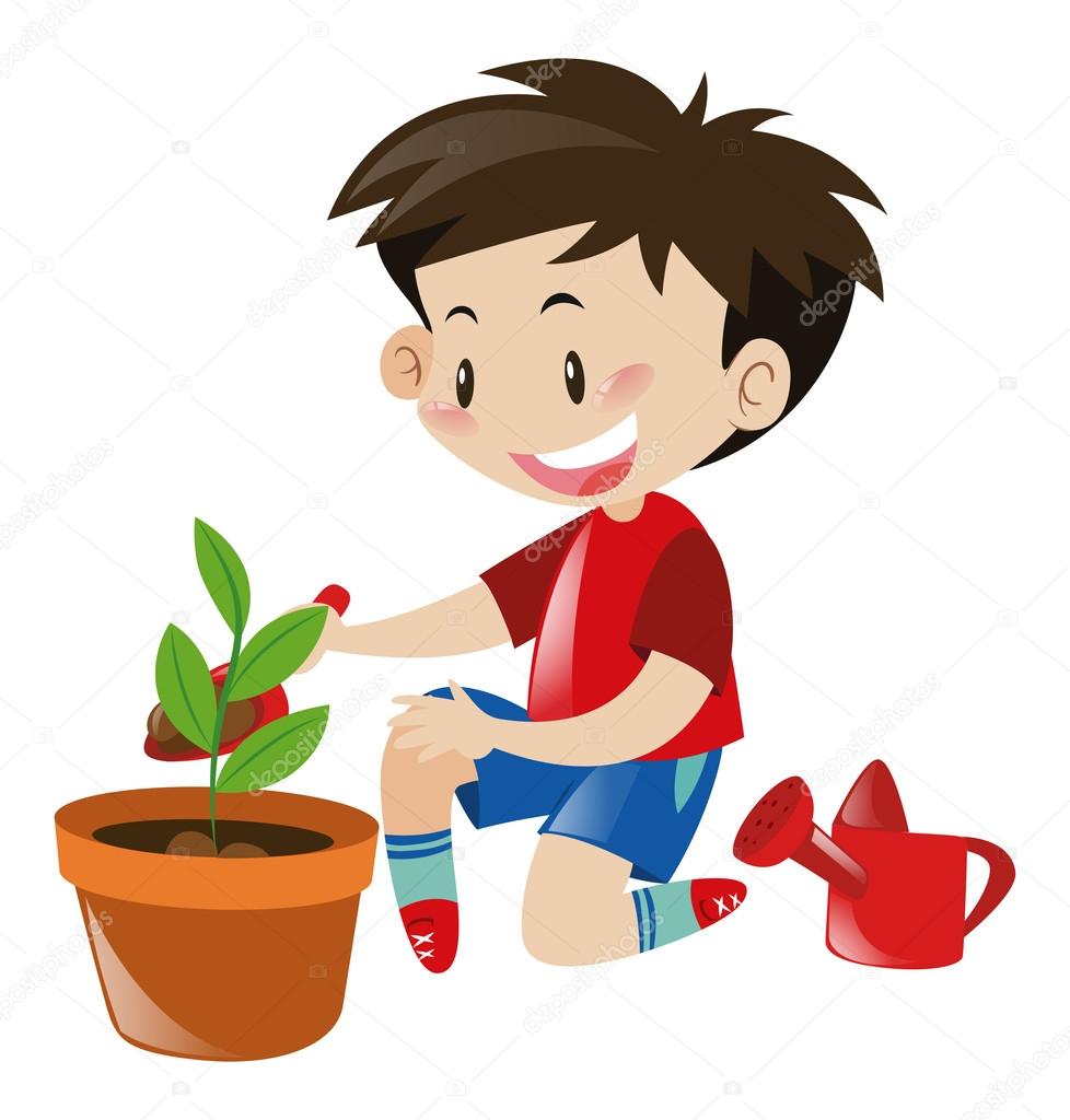 Boy planting tree in flower pot