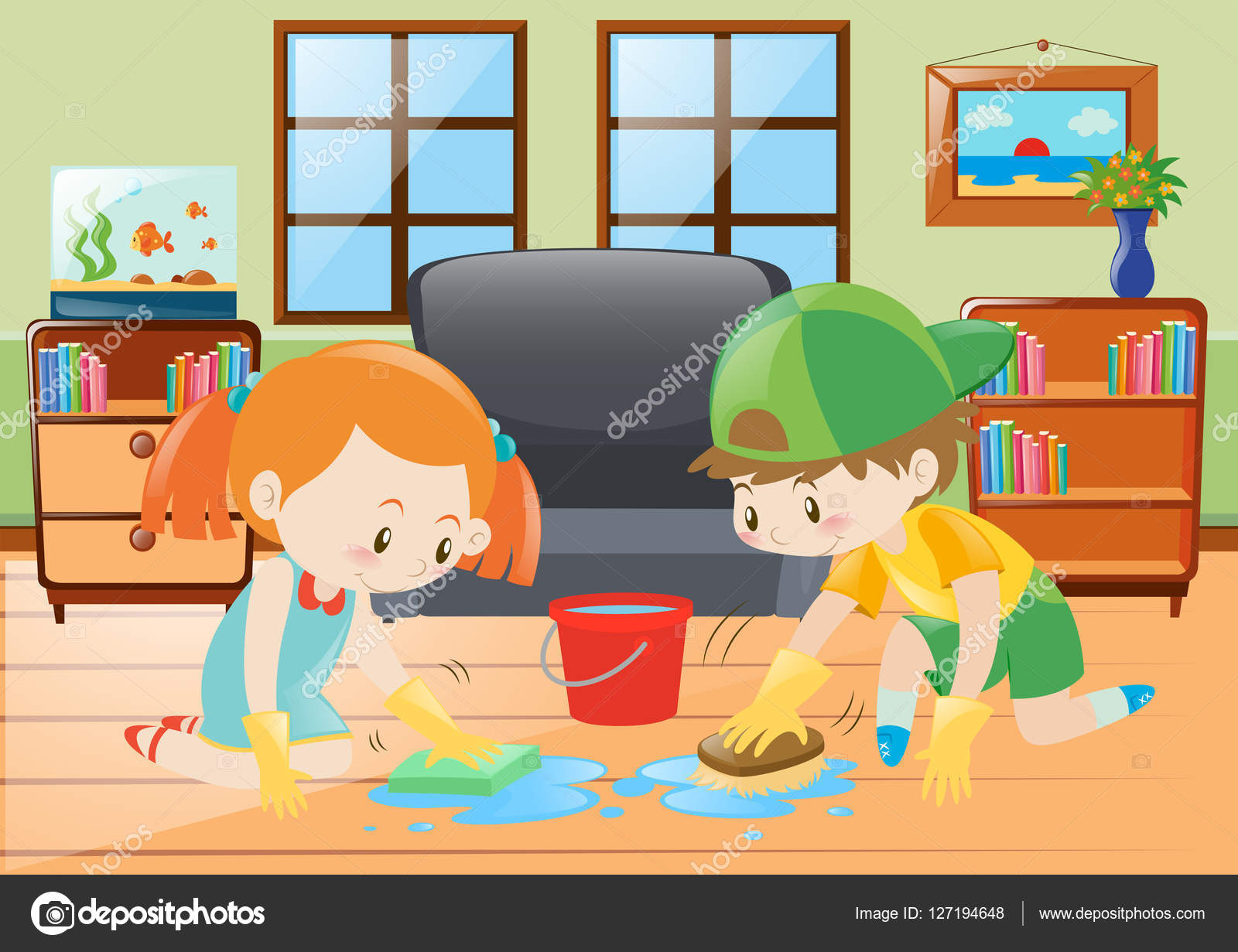 Two kids cleaning floor at home Stock Vector Image by ©brgfx #127194648 Two kids cleaning floor at home Stock Vector Image by ©brgfx #127194648