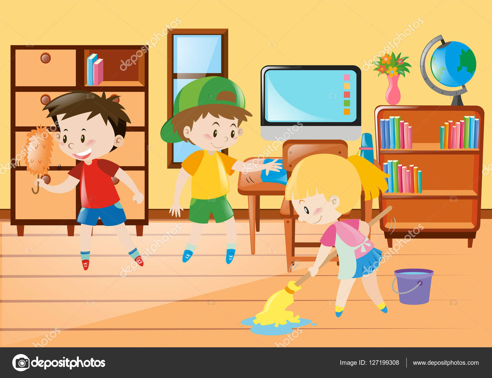 Three kids cleaning classroom Stock Vector Image by ©brgfx #127199308 Three kids cleaning classroom Stock Vector Image by ©brgfx #127199308