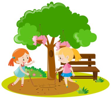 Kızlar bahçede çizim