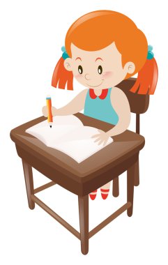 Defter üzerinde yazma mavi elbiseli kız
