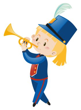 Bando üniforması giyen trompet çalıyor