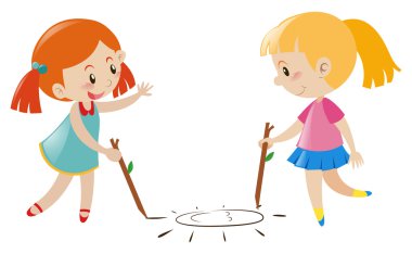 İki kız katta güneş çizim