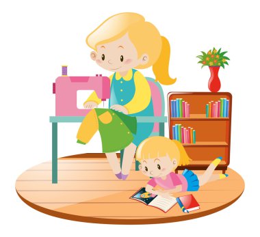 Anne dikiş ve çocuk odasında okuma