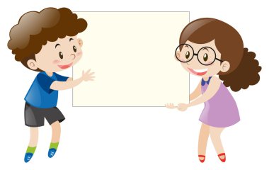 Erkek ve kız boş beyaz tahta holding