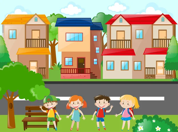 Міська сцена з будинками та дітьми — стоковий вектор