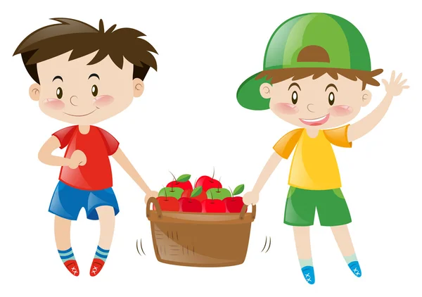 Two boys carrying basket full of apples — Stock Vector