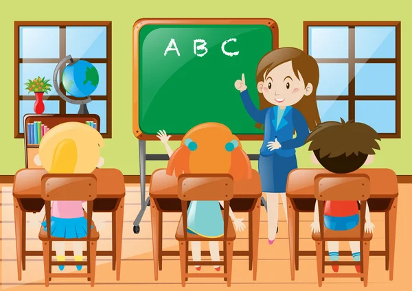 Profesor de enseñanza de los estudiantes de kindergarten en clase — Vector de stock