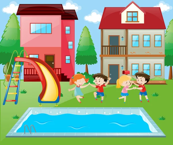 Muitas crianças brincando à beira da piscina —  Vetores de Stock