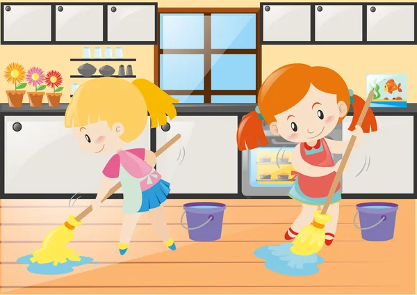 Zwei Mädchen wischen den Küchenboden — Stockvektor