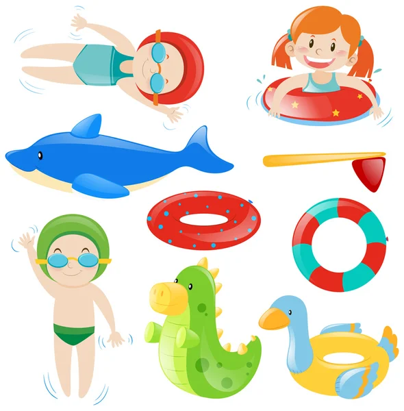 Swimming set with swimmers and equipment — Stock Vector