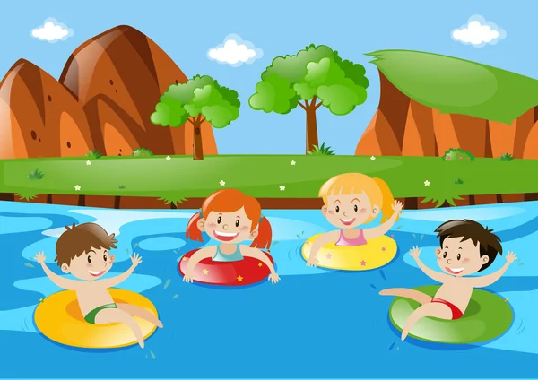 Čtyři děti, plavání v proudu — Stockový vektor