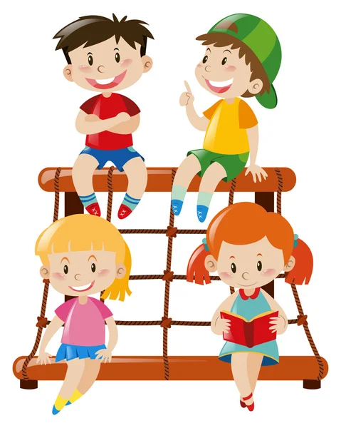 Четверо детей сидят на скалолазании — стоковый вектор