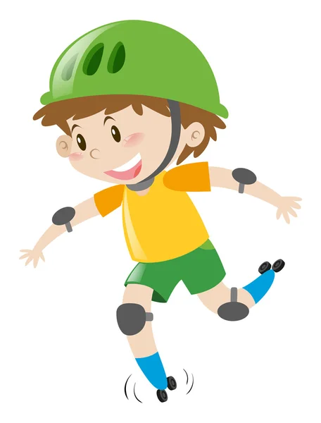 Niño con casco verde rollerskating — Vector de stock
