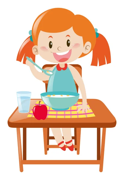 Flicka på matbord äta — Stock vektor