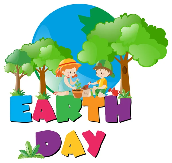 Earth day motywy z dziećmi sadzenia w lesie — Wektor stockowy