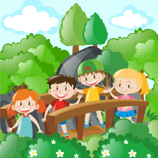 Дети стоят на деревянном мосту — стоковый вектор