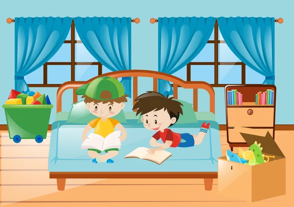 Meninos lendo livro no quarto —  Vetores de Stock