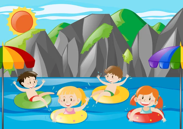 四个孩子在河里游泳 — 图库矢量图片