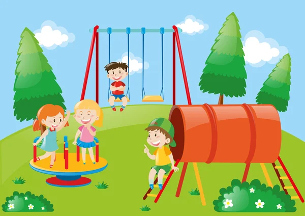 Crianças brincando no playground durante o dia — Vetor de Stock