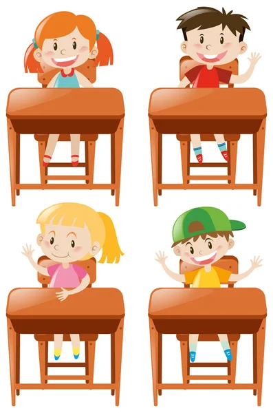Хлопчики і дівчатка сидять на столі — стоковий вектор