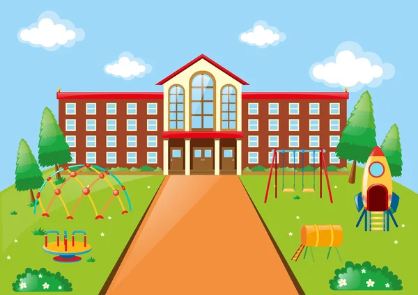 Adegan dengan bangunan sekolah dan taman bermain - Stok Vektor