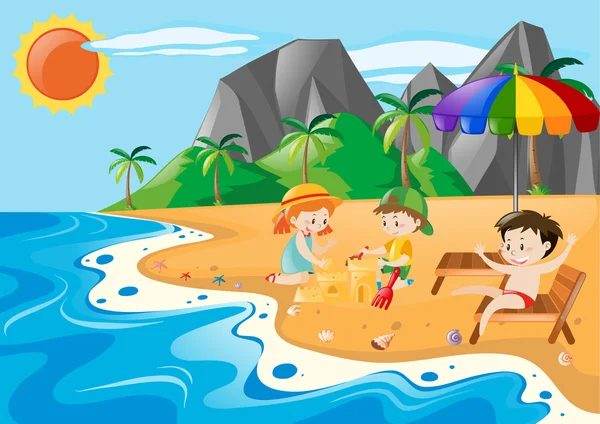 Niños divirtiéndose en la playa — Vector de stock