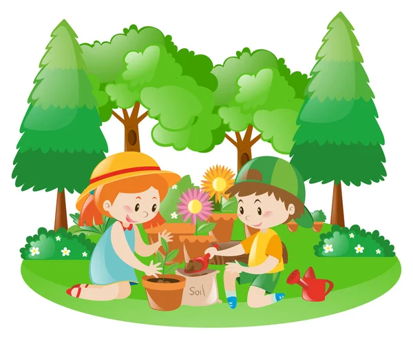 Dos niños plantando árboles en el jardín — Vector de stock