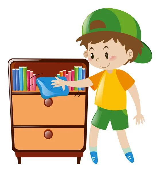 Boy cleaning shelf full of books — Stock Vector