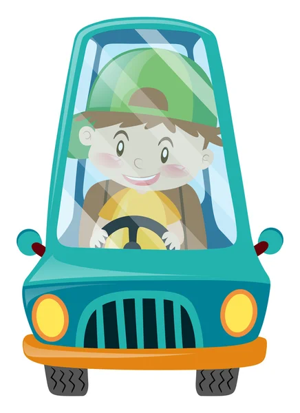 Щасливий хлопчик за кермом синього автомобіля — стоковий вектор