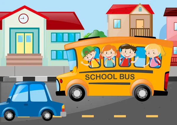 Çocuklar okul otobüsü yolda sürme — Stok Vektör