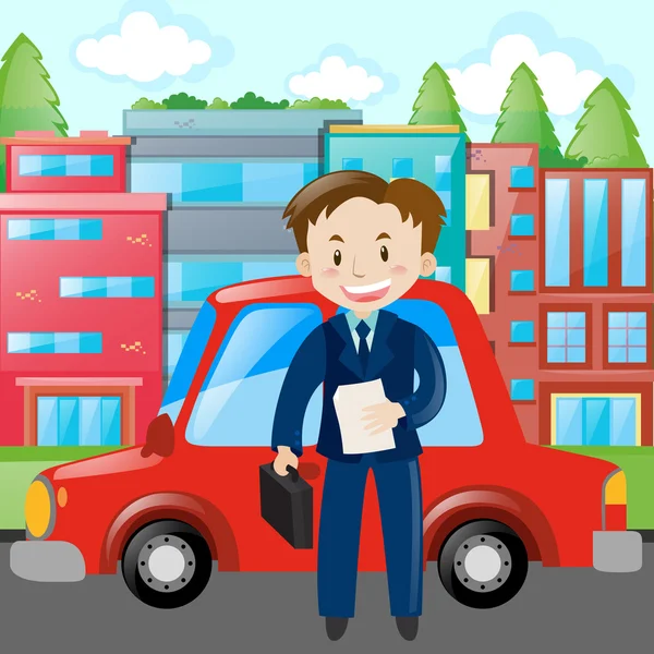Podnikatel v modrém obleku červeným autem — Stockový vektor