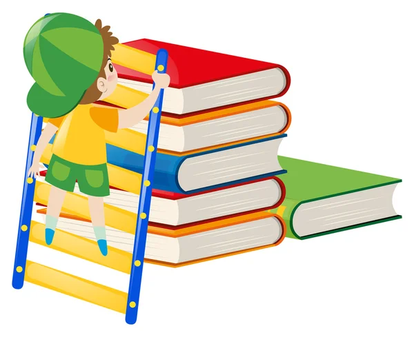 Junge klettert Bücherstapel hoch — Stockvektor
