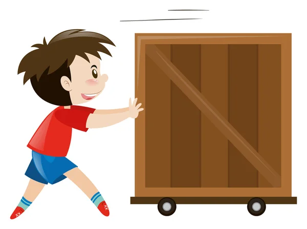 Happy boy pushing wooden box — Stock Vector