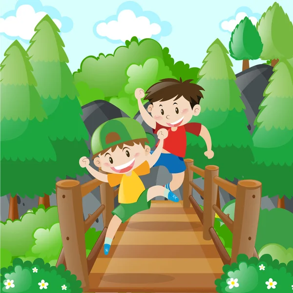 木製の橋を渡る二人の少年 — ストックベクタ