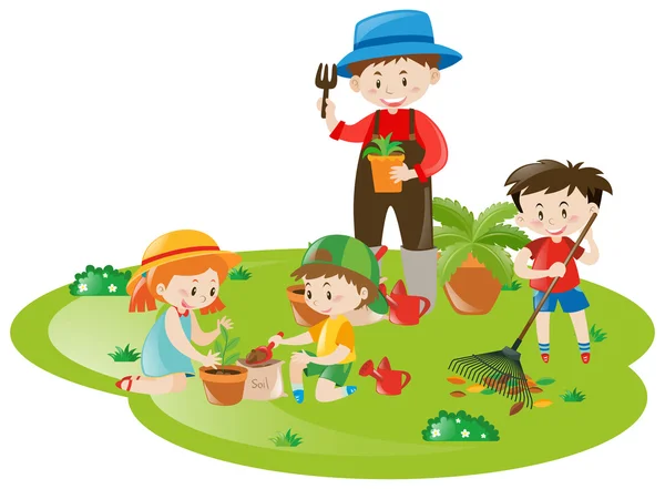 Bahçıvan ve pek çok çocuk bahçede çalışan — Stok Vektör
