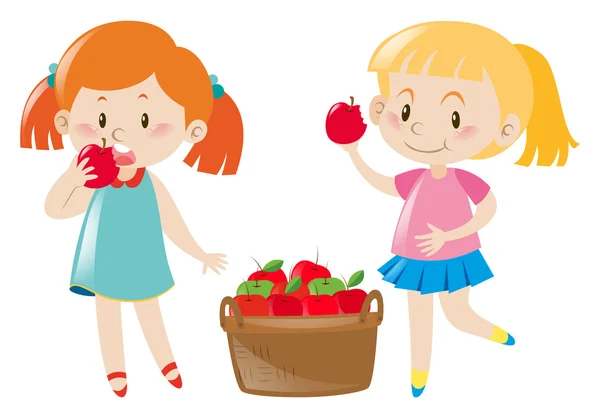 Two girls eating red apples — Stock Vector
