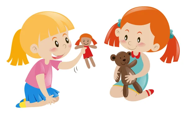 Two girls playing doll and teddy bear — Stock Vector