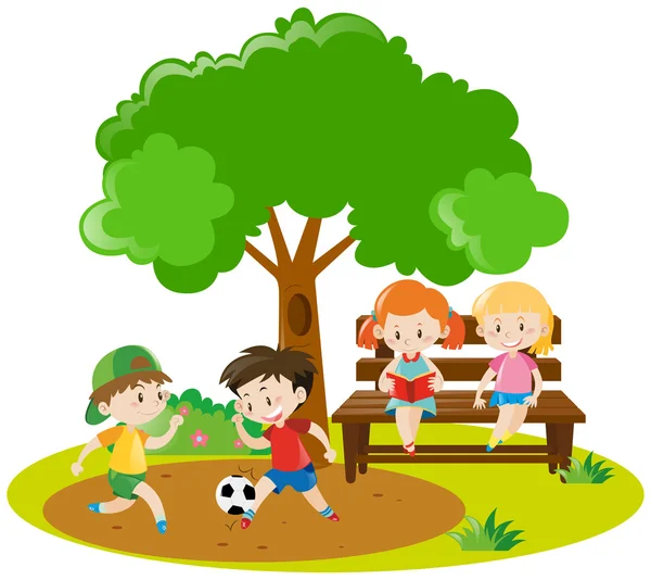 Мальчики играют в футбол и девочки читают в парке — стоковый вектор
