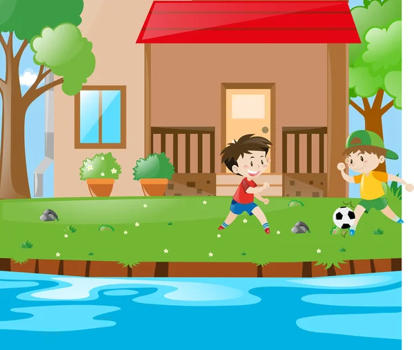 Scène avec deux garçons jouant au football — Image vectorielle