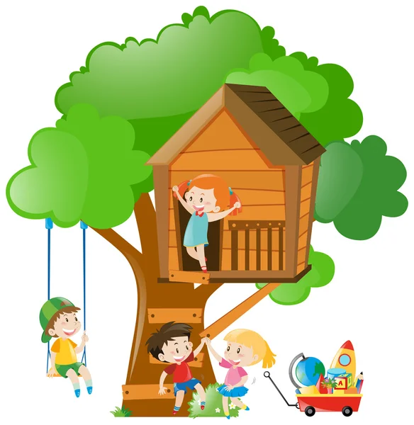 Niños y niñas en la casa del árbol — Vector de stock