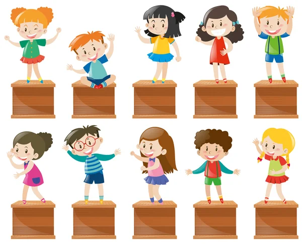 Many kids stand and sit on box — Stock Vector