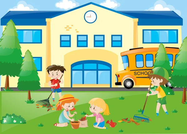Students planting trees and raking leaves Stock Illustration