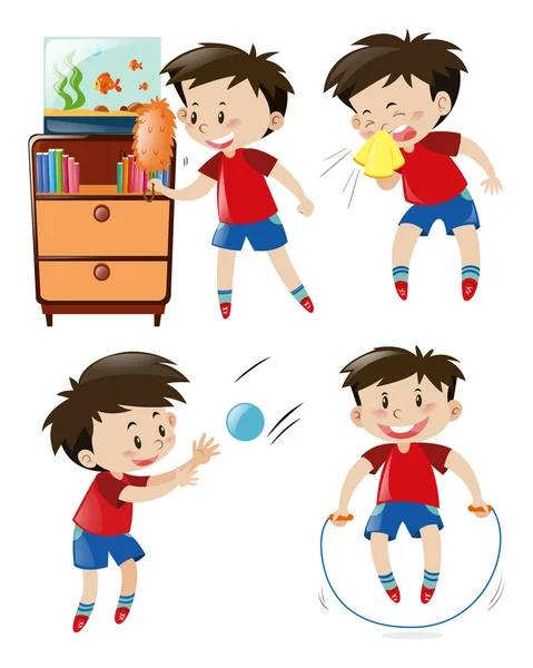Boy in red shirt doing different activities Stock Illustration