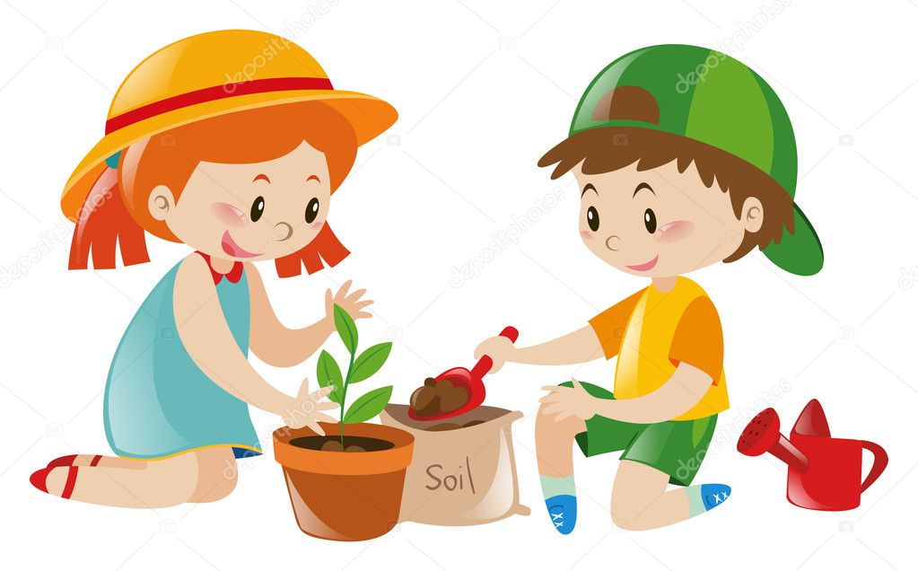 Two kids playing tree in pot