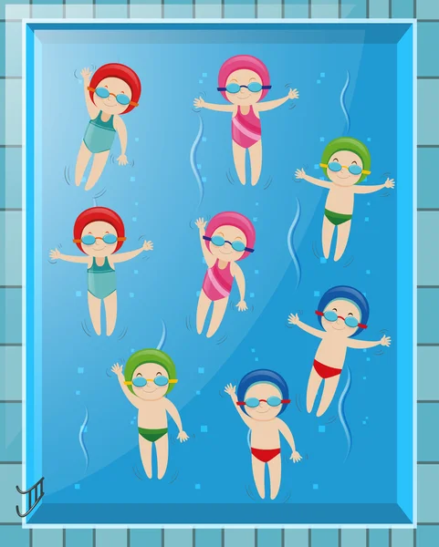 Un sacco di bambini che fanno dorso in piscina — Vettoriale Stock